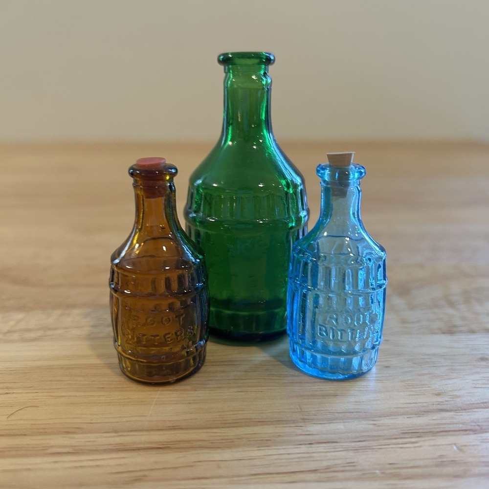 Set Of‎ 3 - Bottles MINI ROOT BITTERS Glass Vintage Green Brown Blue Cork